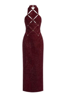 Keira Tong wine red checkered cut-out maxi dress with a stylish design and flattering fit, shown on a model.