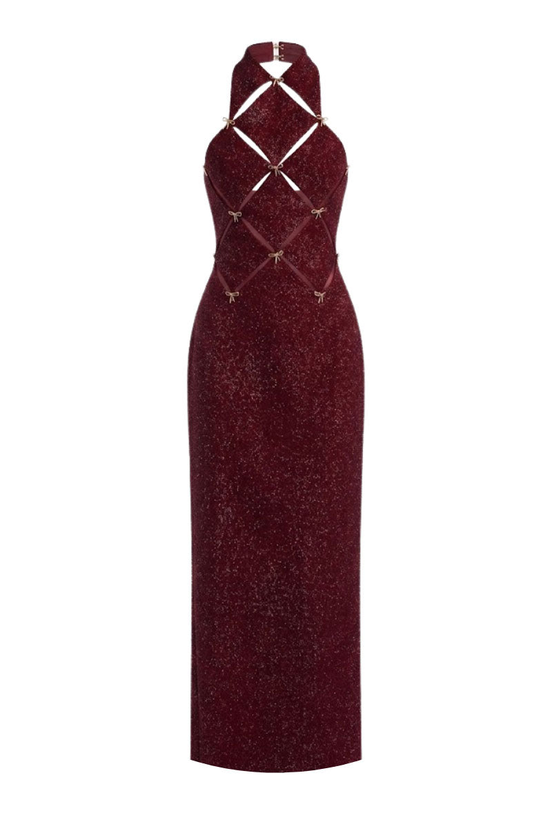 Keira Tong wine red checkered cut-out maxi dress with a stylish design and flattering fit, shown on a model.