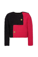 Lalo Brijy pink color block jacket with bold contrasting panels, stylish for casual wear, displayed on a hanger.