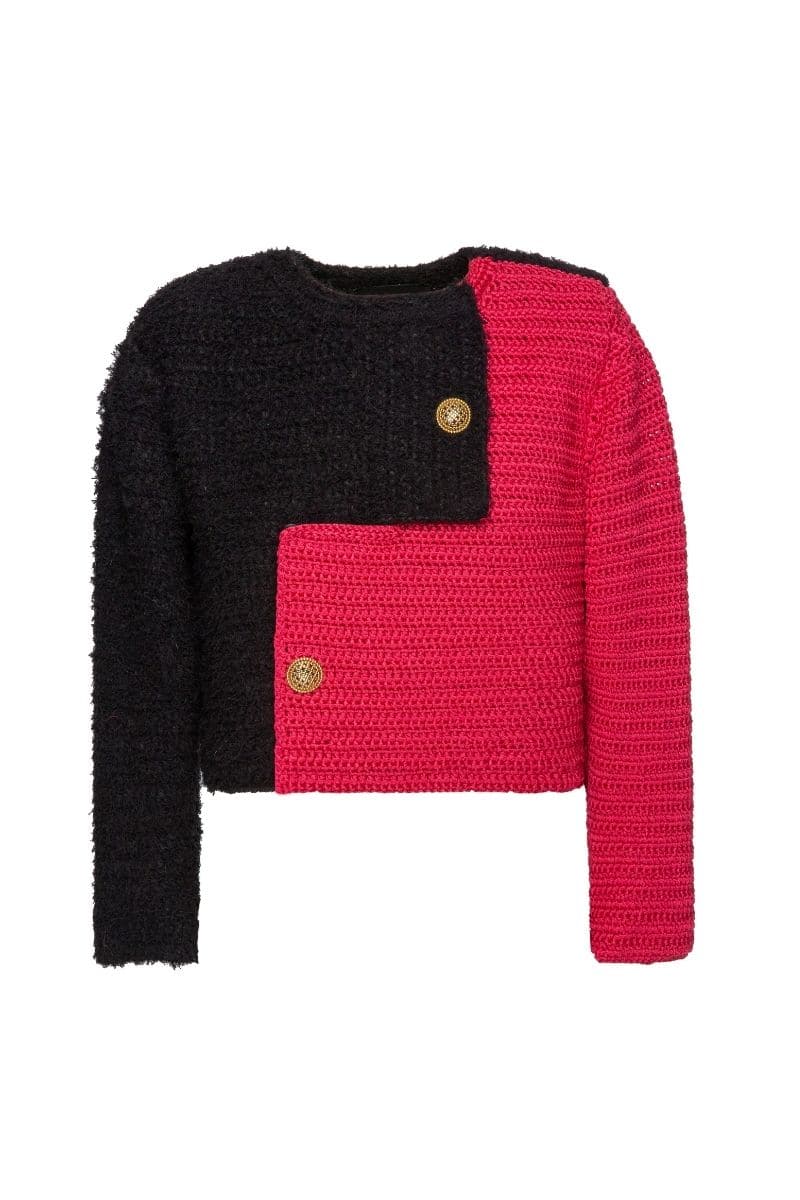 Lalo Brijy pink color block jacket with bold contrasting panels, stylish for casual wear, displayed on a hanger.