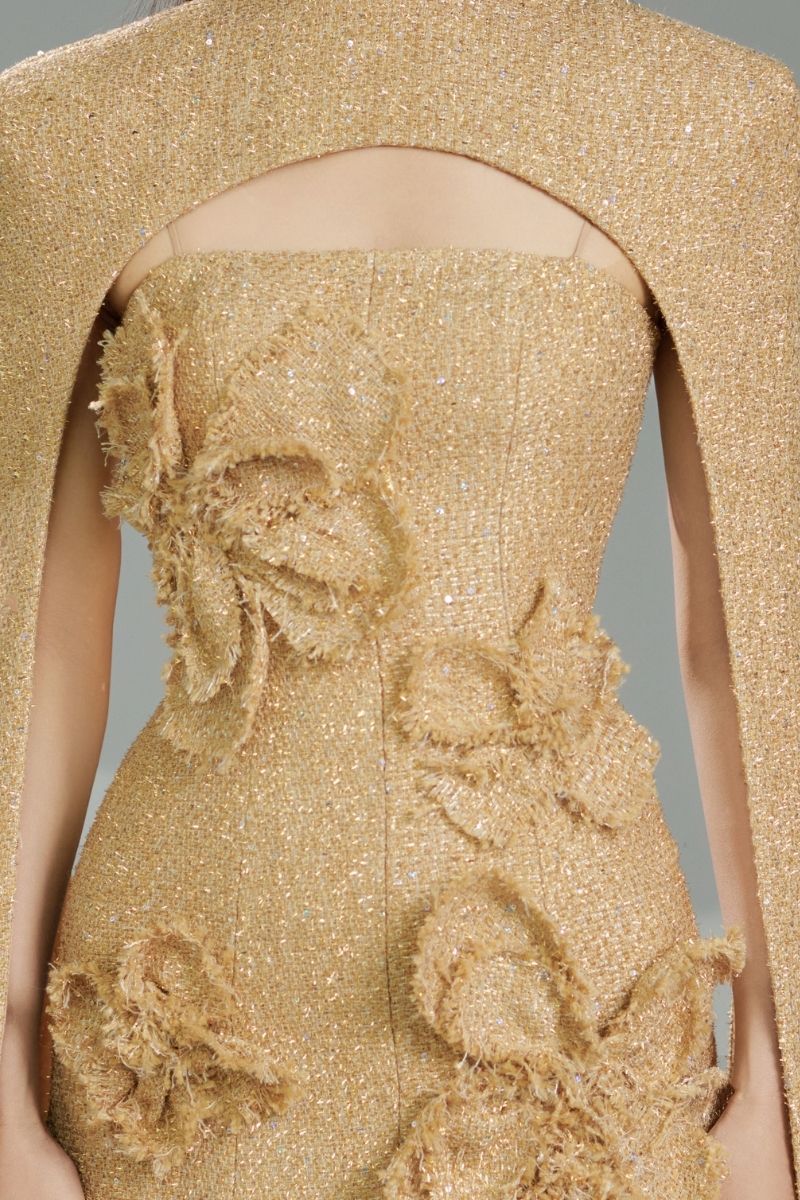 Beige Preston Cape Tweed Petal Midi Dress by Happy Clothing, featuring a stylish midi-length design with a textured tweed fabric.