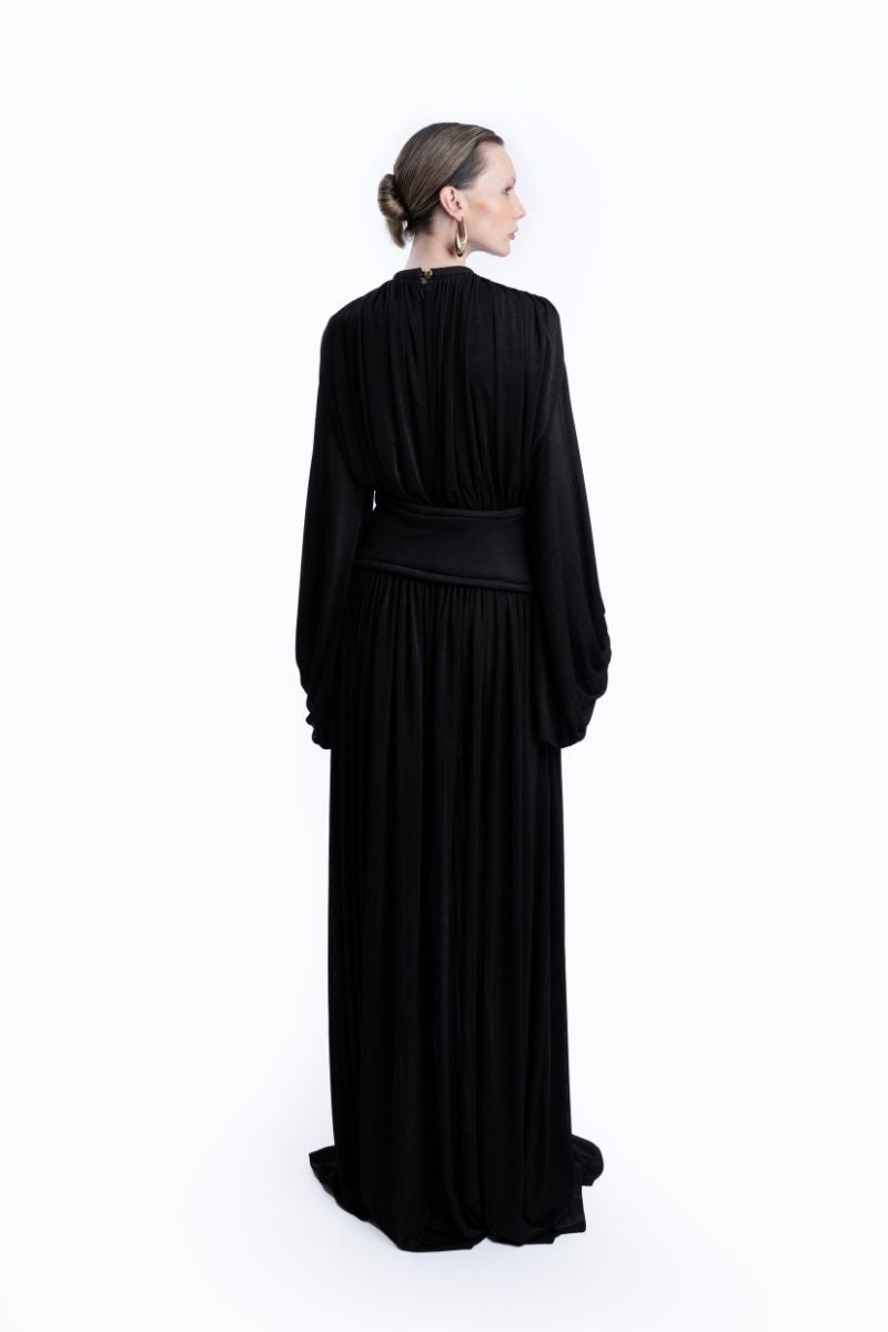 Black Sahara dress by LEDIEL, elegant gown with flowing fabric and stylish design, displayed on a mannequin.