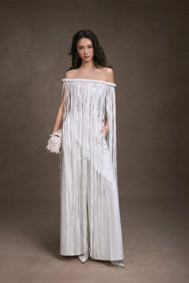 KEIRA TONG fringe lace corset top featuring intricate lace details and fringe accents, stylish and form-fitting for trendy outfits.