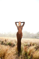 Deme By Gabriella June chocolate brown fitted maxi dress displayed on a hanger, full-length view showcasing the elegant silhouette.