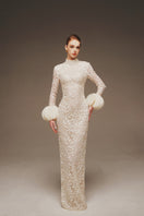 Elegant AURA Lace Column Dress by Margée Atelier featuring intricate lace details and a sleek, fitted silhouette.