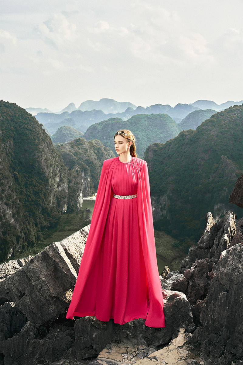 PINK ROUND NECK GATHERED GOWN WITH STONE EMBELLISHED BELT - CULT MIA