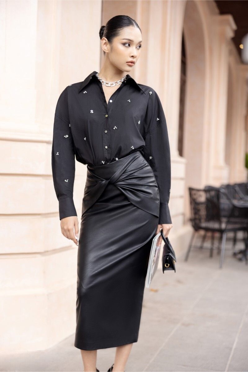 DESI BLACK RAW CRYSTAL SHIRT AND MIDI SKIRT - CULT MIA