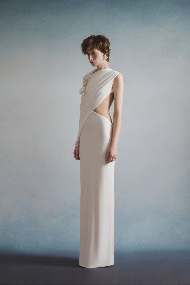 White Plan ELOWEN draped maxi dress with flowing fabric and elegant design, perfect for stylish occasions.