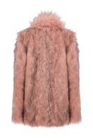 Sudi Etuz faux fur jacket with attached scarf, stylish warm coat featuring plush fur exterior and cozy scarf detail.