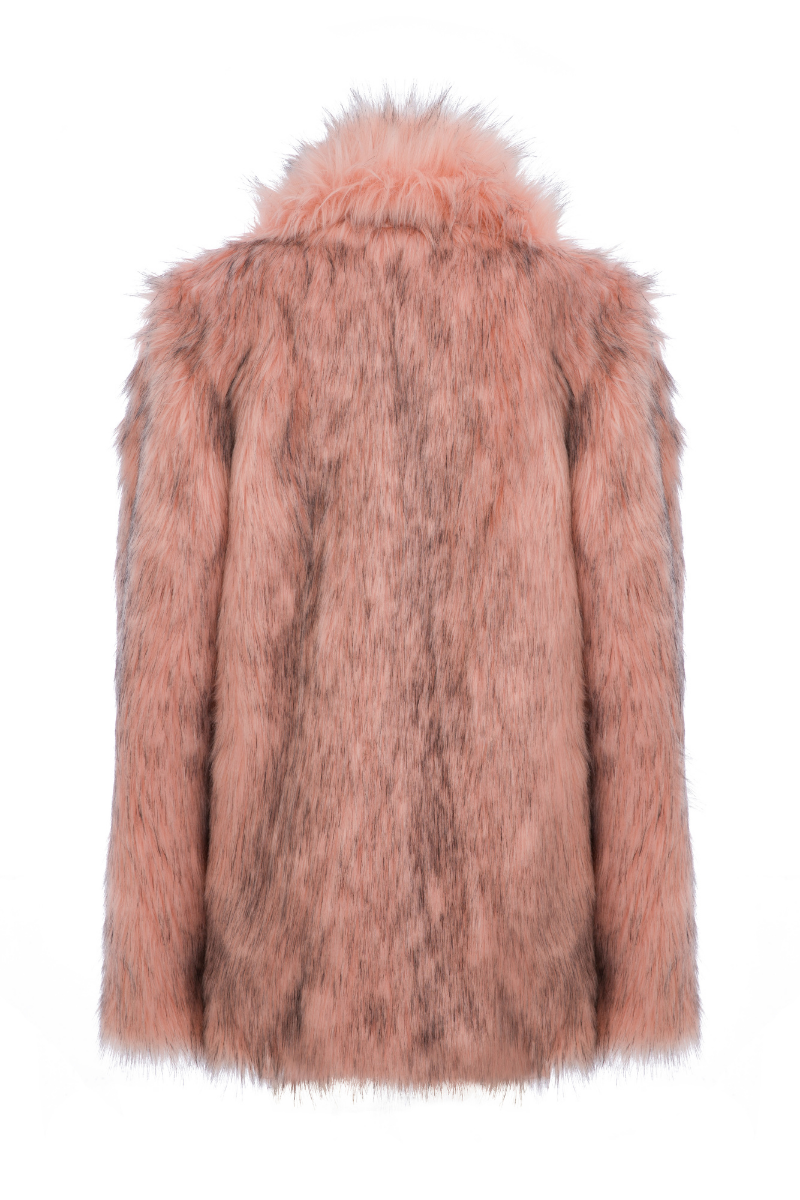 Sudi Etuz faux fur jacket with attached scarf, stylish warm coat featuring plush fur exterior and cozy scarf detail.