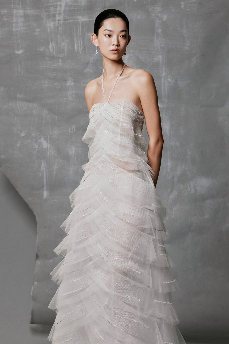 WHITE TULLE A-LINE DRESS WITH LAYERED PLEATS EMBELLISHED | CULT MIA | Phan Huy WHITE TULLE A-LINE DRESS WITH LAYERED PLEATS EMBELLISHED | CULT MIA | Phan Huy