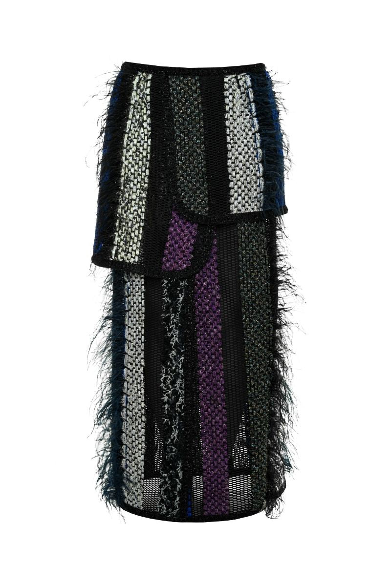 Lalo Avril black multi maxi skirt with flowing fabric and floral pattern, styled with a high waist and elegant design.