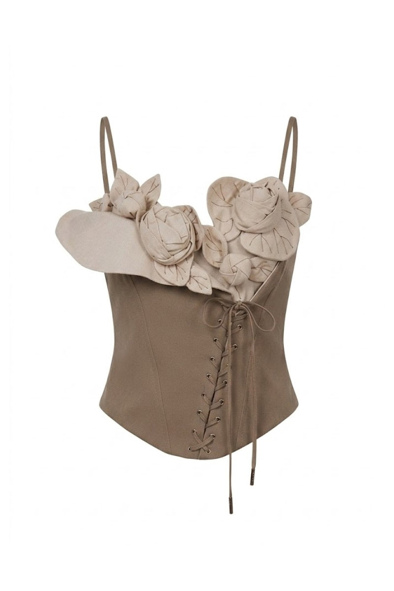 Brown petal bustier top by Keira Tong, featuring floral petal details and fitted design, suitable for stylish casual wear.
