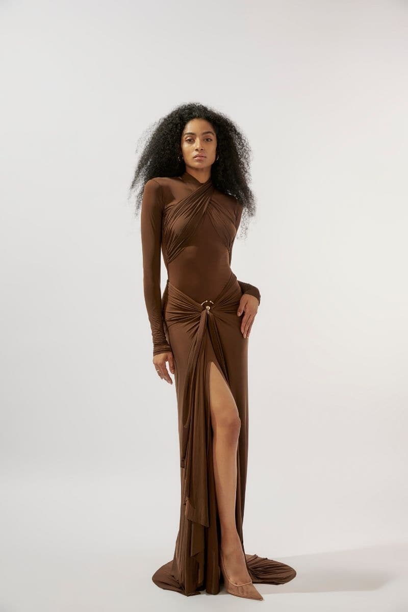 June Chocolate Rework JUNE CHOCOLATE BROWN FITTED MAXI DRESS | CULT MIA | Deme By Gabriella
