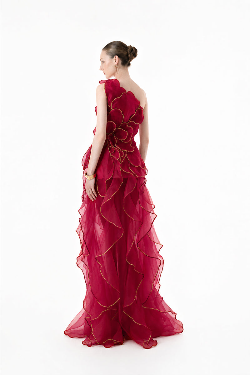 HAPPY CLOTHING burgundy sculpted petal one-shoulder gown with elegant design, perfect for formal occasions.