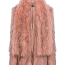 Sudi Etuz faux fur jacket with attached scarf, stylish coat featuring plush fur and a cozy design for winter wear.