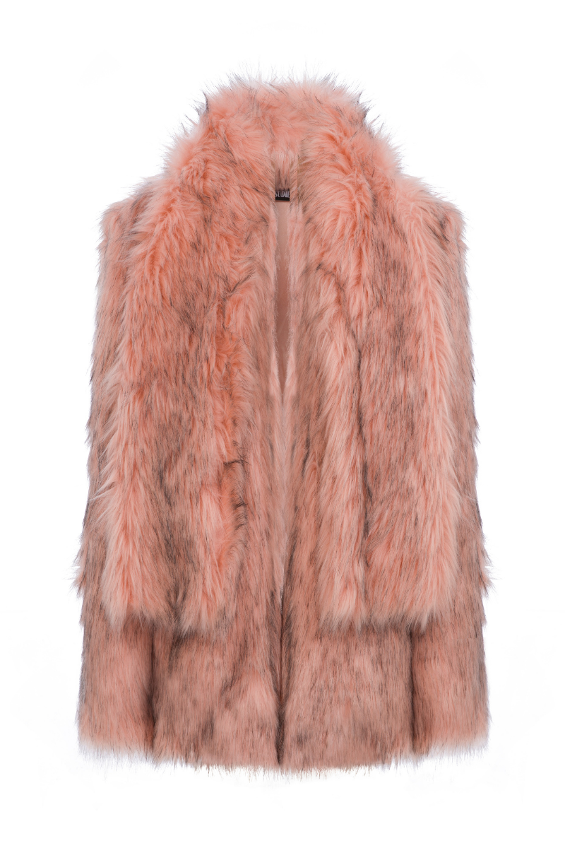 Sudi Etuz faux fur jacket with attached scarf, stylish coat featuring plush fur and a cozy design for winter wear.