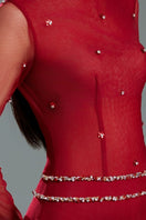 Red bodycon long-sleeved organza gown by Happy Clothing featuring a fitted silhouette and elegant design.