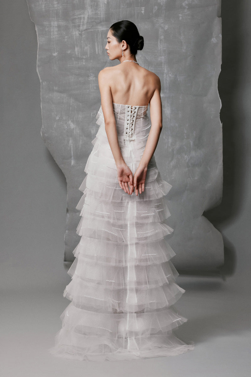 WHITE TULLE A-LINE DRESS WITH LAYERED PLEATS EMBELLISHED | CULT MIA | Phan Huy WHITE TULLE A-LINE DRESS WITH LAYERED PLEATS EMBELLISHED | CULT MIA | Phan Huy