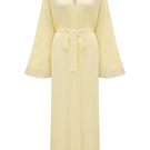 Heidi long rayon robe by Bocan Couture with butter yellow lace trim, flowing fabric, and elegant design.