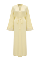 Heidi long rayon robe by Bocan Couture with butter yellow lace trim, flowing fabric, and elegant design.