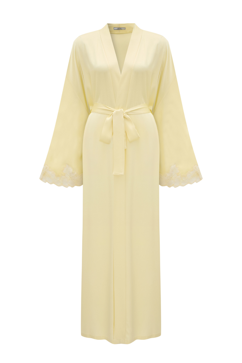 Heidi long rayon robe by Bocan Couture with butter yellow lace trim, flowing fabric, and elegant design.