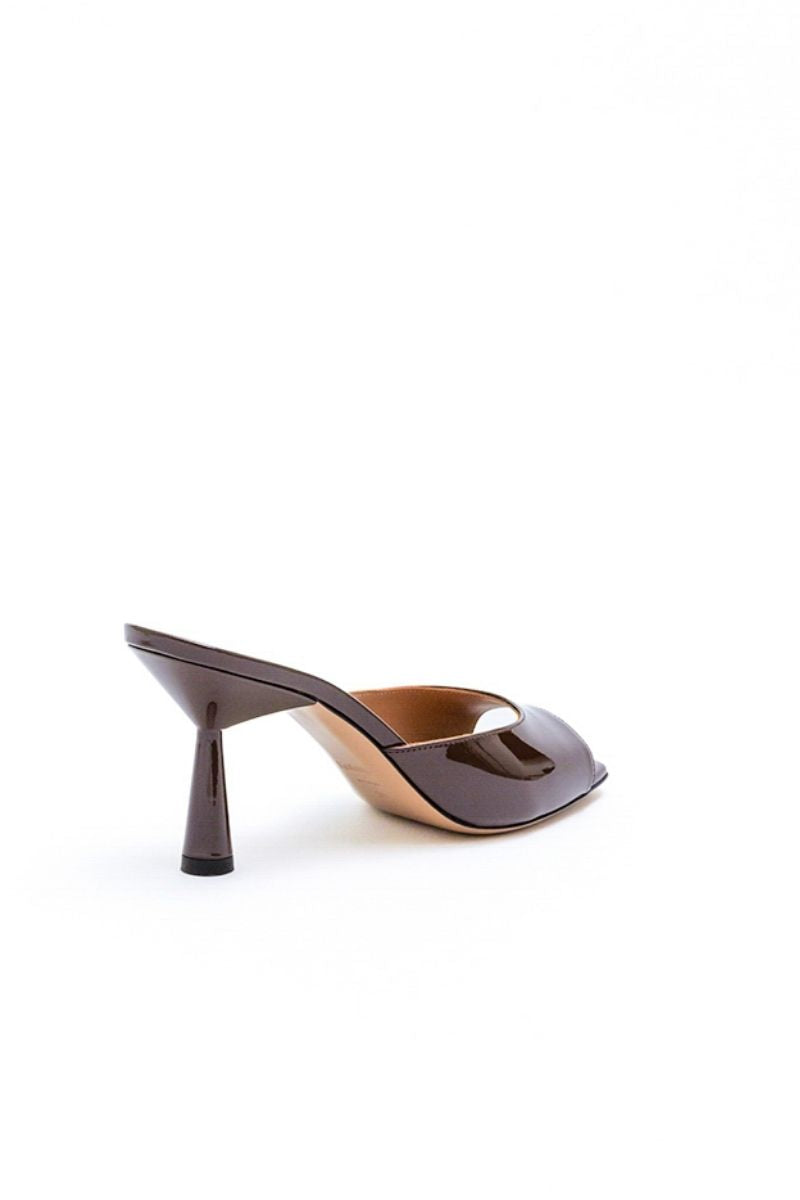 Kolane Greta mule sandals in rich chocolate brown leather with open toe and slip-on design.