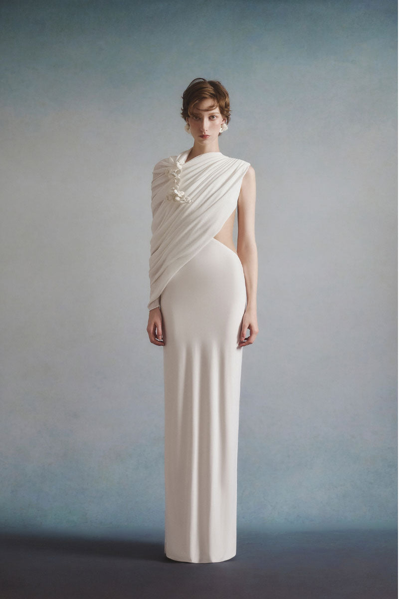 White Plan ELOWEN Draped Maxi Dress featuring flowing fabric and elegant design, showcased on a model.