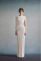 White Plan ELOWEN Draped Gown featuring flowing fabric and elegant design, perfect for formal occasions.