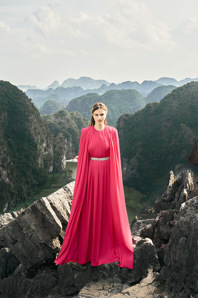 PINK ROUND NECK GATHERED GOWN WITH STONE EMBELLISHED BELT - CULT MIA