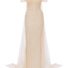 Cream tulle corset gown with cape by Sudi Etuz, featuring a flowing skirt and elegant design.