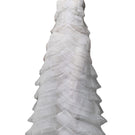 White tulle A-line gown with layered pleats and embellishments by Phan Huy, showcasing elegant, flowing fabric and intricate detailing.
