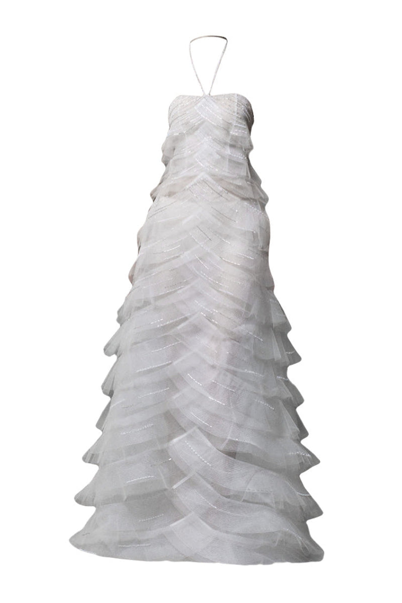 WHITE TULLE A-LINE DRESS WITH LAYERED PLEATS EMBELLISHED | CULT MIA | Phan Huy WHITE TULLE A-LINE DRESS WITH LAYERED PLEATS EMBELLISHED | CULT MIA | Phan Huy