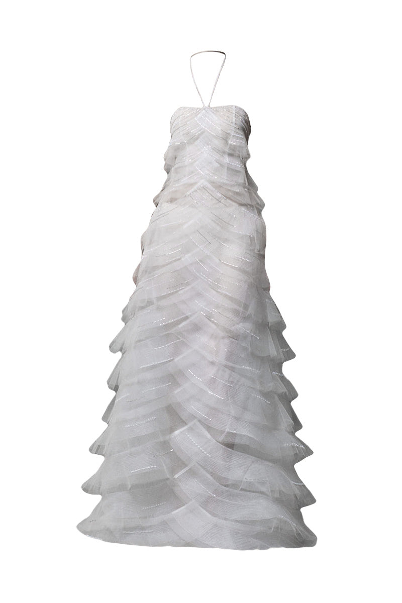 WHITE TULLE A-LINE DRESS WITH LAYERED PLEATS EMBELLISHED