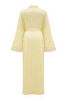 Heidi long rayon robe by Bocan Couture featuring butter yellow lace trim and flowing fabric, elegant and comfortable loungewear.
