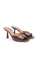 Kolane Greta Mules in chocolate brown leather sandals with open toes and block heels, stylish and comfortable footwear.