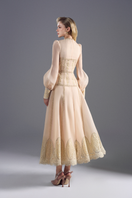 Ivory lace and organza long sleeve midi dress by Rosee de Matin, featuring intricate lace details and a flowing silhouette.