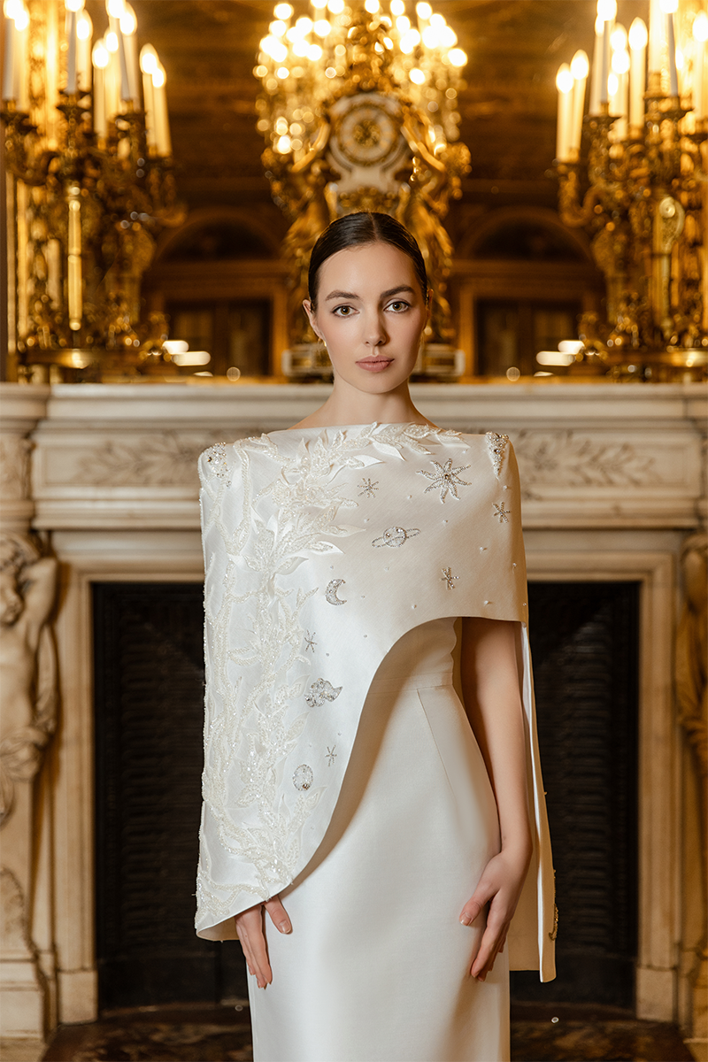 WHITE CAMISOLE STRAIGHT GOWN WITH ASYMMETRIC CAPE SET - CULT MIA