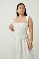 White Luna midi dress by Summer Away featuring a flowing silhouette and elegant design, perfect for stylish summer wear.