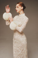 Elegant AURA Lace Column Dress by Margée Atelier featuring intricate lace details and a sleek, fitted gown silhouette.