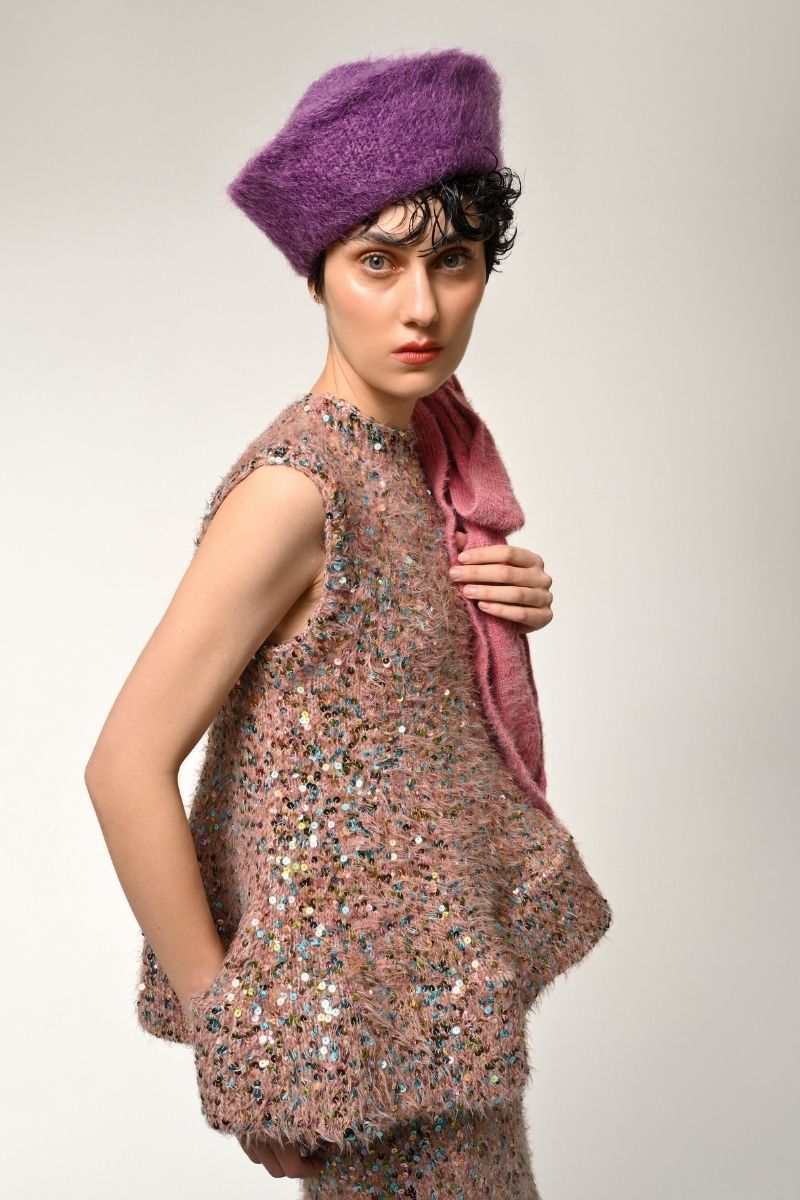 Lalo sequin knit sweater in pink multi featuring colorful sequins and cozy knit texture, perfect for stylish winter wear.