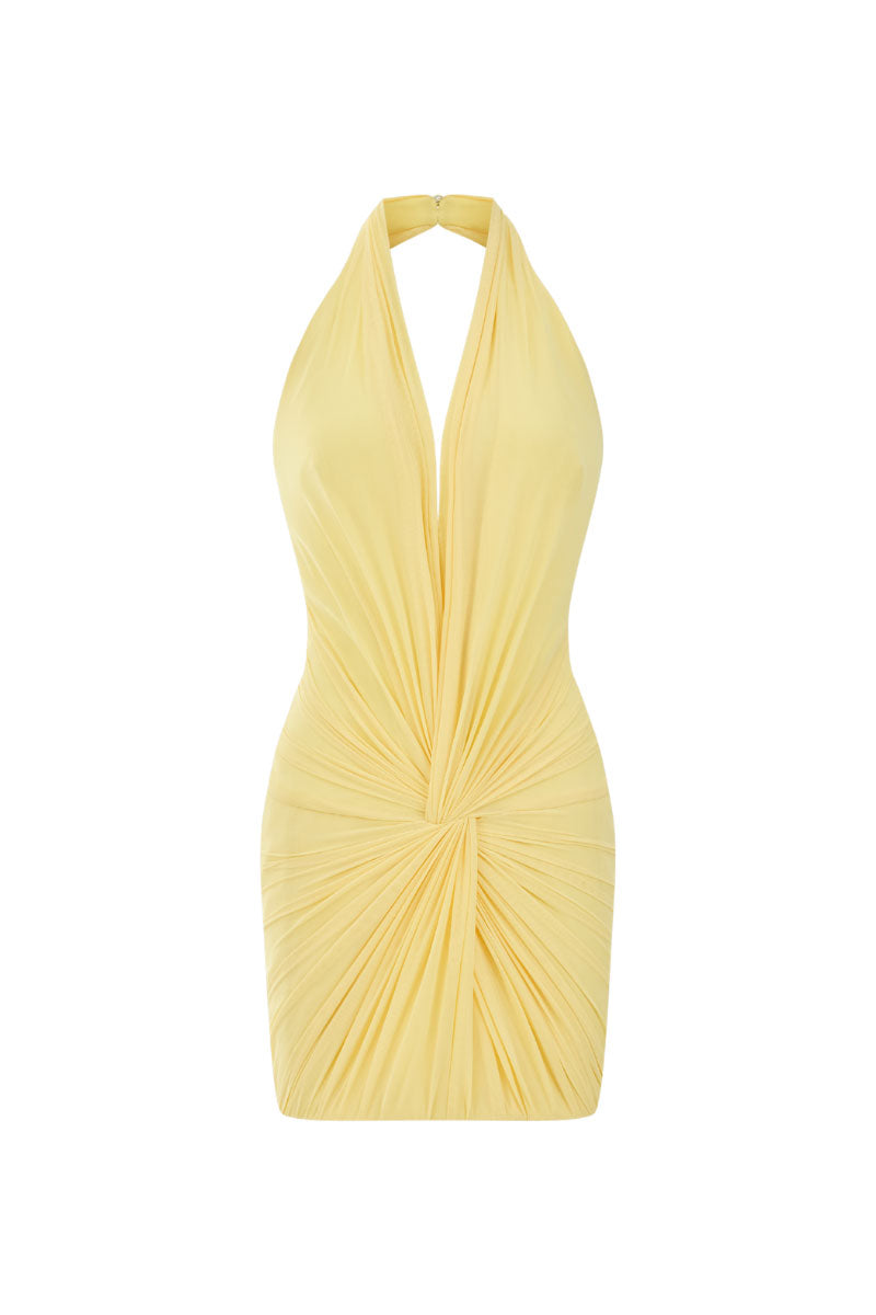 CEM draped knit mini dress showcasing a stylish, fitted silhouette with soft fabric and elegant draping details.