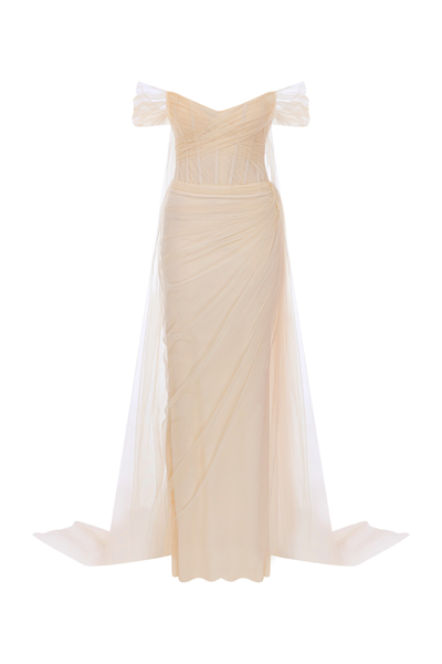 Sudi Etuz Cream Tulle Corset Gown with Cape