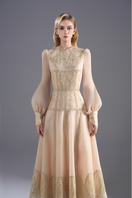 Ivory lace and organza long sleeve midi dress by Rosee de Matin, elegant formal dress with intricate lace details.