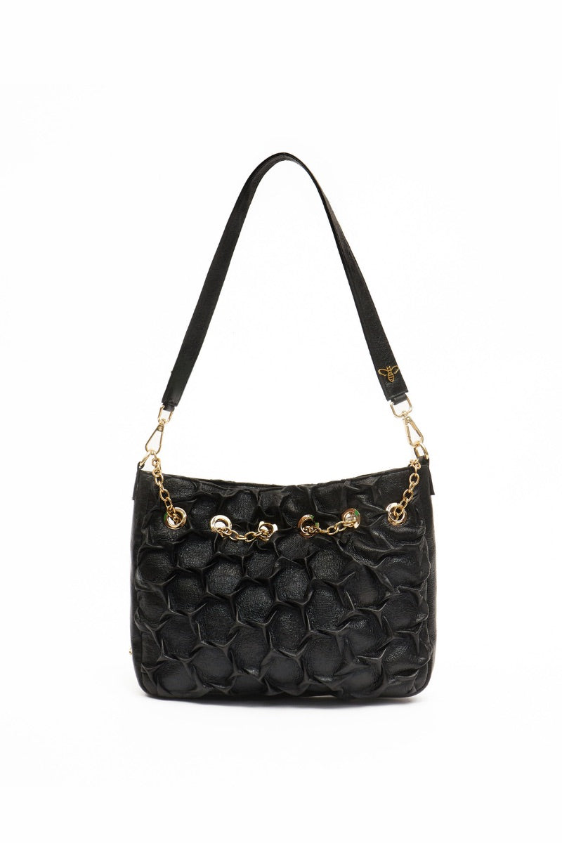 Small black HEXAGON BAG shoulder bag by Onalaja with geometric hexagon shape and sleek design.