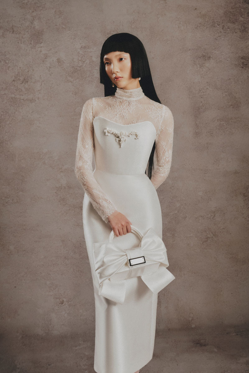 White Plan Ivory Lace Grace Dress, midi-length dress with intricate lace details and elegant design, shown on model.
