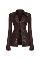 Metallic CEM co-ord set featuring a matching top and skirt with shiny, reflective fabric perfect for stylish occasions.