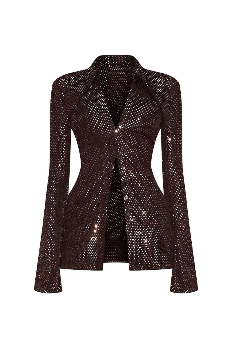 Metallic CEM co-ord set featuring a matching top and skirt with shiny, reflective fabric perfect for stylish occasions.