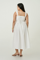 White Luna midi dress by Summer Away, featuring a flowy silhouette and elegant design, perfect for summer occasions.
