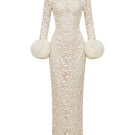 Elegant AURA Lace Column Dress by Margée Atelier, showing intricate lace details and fitted silhouette on a model.